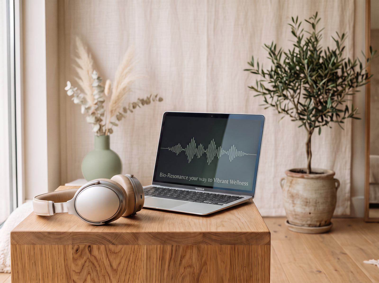 Minimalist bioresonance wellness studio in Harrow, London — MacBook laptop with headphones displaying the brand message: Bio-Resonance your way to Vibrant Wellness.