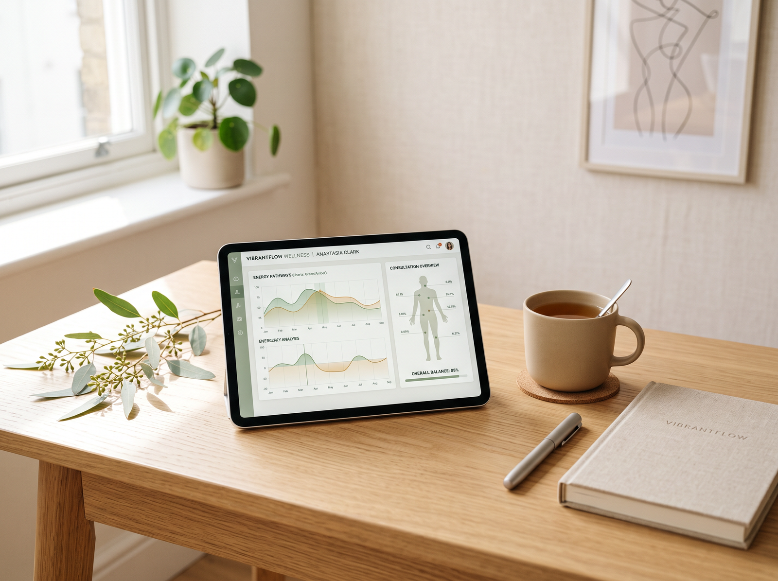 VibrantFlow Wellness Oberon NLS bioresonance consultation dashboard in Harrow London.